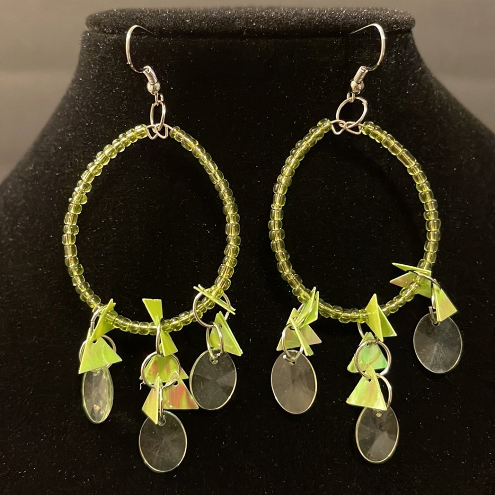Oval Light Green Beaded Reflective Earrings